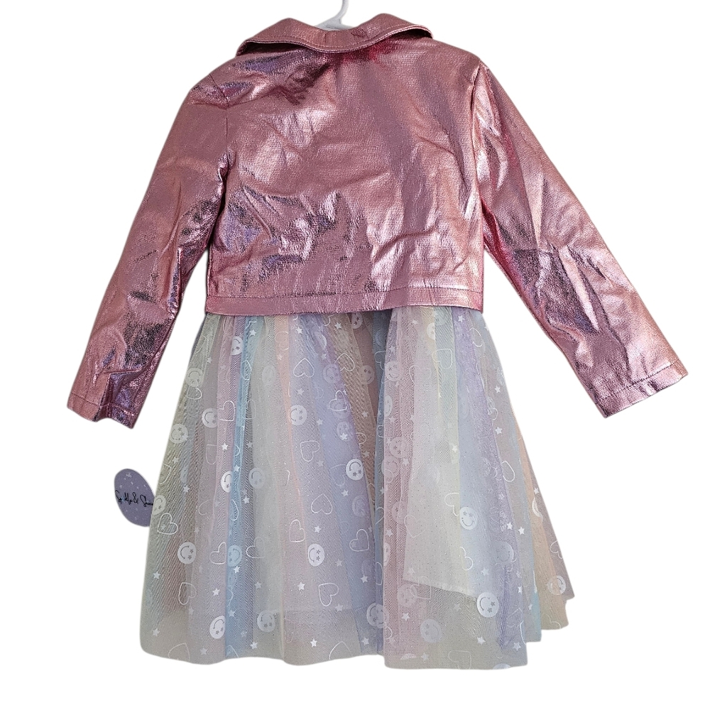NWT Sparkle & Shine Girls Smiley Face Mesh Dress Metallic Moto Jacket Set, 4T - Picture 9 of 16